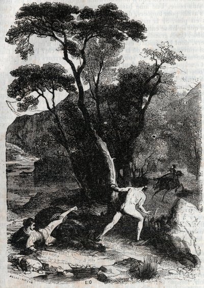 Roland pursuing Angelique (Angelica) - engraving of 1851 from Furious Roland (Orlando furioso) (16th century) by Ludovico Ariosto, known as the Ariosta - Edition translated from Italian by the Count of Tressan and published by Gustave Harvard 1851 by Unknown artist