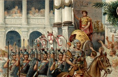 Roman political system. The Emperor: Defile in honor of the victories of the Roman Emperor Augustus won in Actium, Pannonia and Egypt. Chromolithography of the late 19th century. by Unknown artist