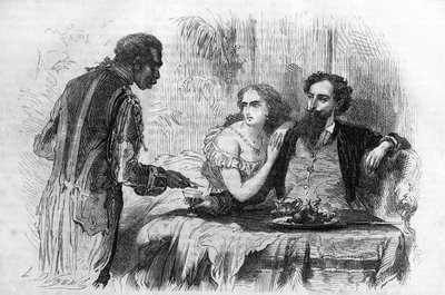 Roman serial: The Puritans of Paris by Paul Bocage. The negre brought Robert the business card. Engraving in Les bons romances by Unknown artist