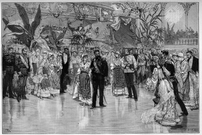 Ball given in honor of Prince Rodolph and Princess Stephanie of Austria Hungary at the National Theatre in Bucharest. Engraving in 