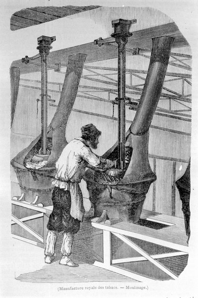 Royal Tobacco Factory: tobacco milling. 19th century engraving. by Unknown artist