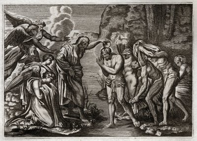 Royaumont Bible, New Testament: Baptism of Jesus Christ. Saint John the Baptist baptizing Jesus Christ in the waters of the Jordan River. Illustration from 1811. by Unknown artist