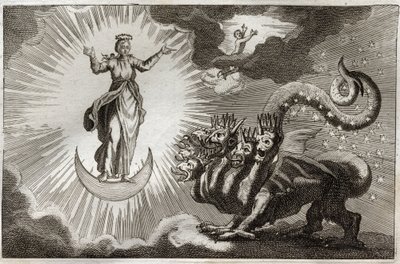 Royaumont Bible, New Testament: Beast of Revelation. Saint John Sees a Monstrous Beast and a Pregnant Woman Surrounded by Light. Illustration from 1811 by Unknown artist