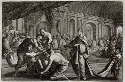 Royaumont Bible, New Testament: Bridal dress. Parable of a King who made the wedding of his son, from which he rejected a man who did not have the bridal dress. Illustration from 1811. by Unknown artist