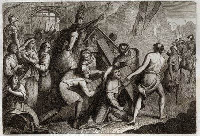 Royaumont Bible, New Testament: Carrying the Cross. Jesus Christ carries his cross to Mount Calvary with the help of Simon of Cyrene. Illustration from 1811 by Unknown artist