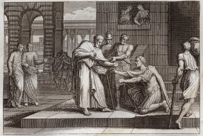 Royaumont Bible, New Testament: Cornelius baptizes. Cornelius the centurion receives the faith of Jesus Christ, and is baptized by St. Peter. Illustration from 1811. by Unknown artist