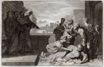 Royaumont Bible, New Testament: Death of Anania and his wife Saphire before St. Peter and St. John. Illustration from 1811 by Unknown artist