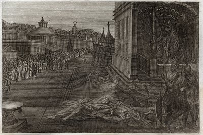 Royaumont Bible, New Testament: Death of the two Prophets. The vision Saint John had of two dead Prophets, who then resurrected. Seventh trumpet of Revelation. Illustration from 1811. by Unknown artist
