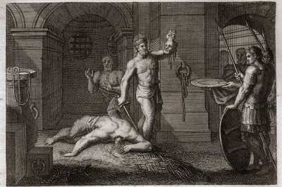 Royaumont Bible, New Testament: Decollation of Saint John the Baptist. His head is placed on a platter. Illustration from 1811. by Unknown artist