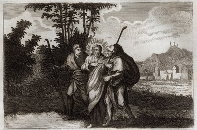 Royaumont Bible, New Testament: Disciples of Emmaus. The two disciples of Emmaus meet the risen Christ. Illustration from 1811. by Unknown artist