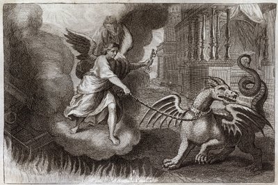 Royaumont Bible, New Testament: Dragon Chains. The Dragon of Revelation, symbol of the Devil, is chained by an Angel holding the key of the abime. Illustration from 1811 by Unknown artist