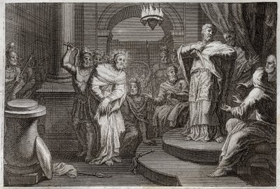 Royaumont Bible, New Testament: Jesus Christ Before Caiphus and Anan. Illustration from 1811 by Unknown artist