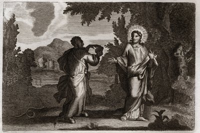 Royaumont Bible, New Testament: Jesus Christ in the desert. Jesus is driven into the desert. He fasts forty days and forty nights. He is tempted by the demon who invites him to turn stones into bread. Illustration from 1811. by Unknown artist