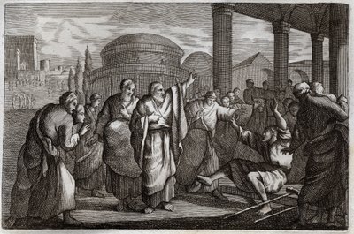 Royaumont Bible, New Testament: Lame healed. Saint Paul heals a lame man and stops people who wanted to sacrifice to him like a God. Illustration from 1811. by Unknown artist