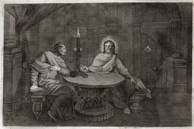Royaumont Bible, New Testament: Nicodemus comes to find Jesus Christ at night. Illustration from 1811. by Unknown artist