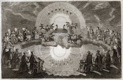Royaumont Bible, New Testament: Open Heaven. A throne appears surrounded by a lion, an ox, a man and an eagle (tetramorph) and seven lamps. Twenty-four old people sitting on thrones surround this vision. Illustration from 1811 by Unknown artist
