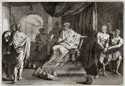 Royaumont Bible, New Testament: Parable of Talents. A master punishes one of his servants who hid the money he gave him. Illustration from 1811. by Unknown artist