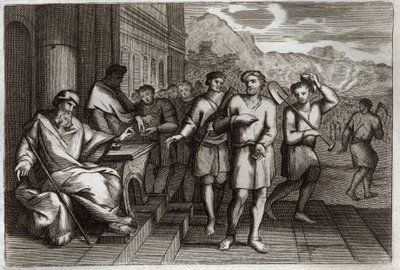Royaumont Bible, New Testament: Parable of vine workers or parable of workers of the eleventh hour. Workers that the Father of the family sends to work in his vineyard. Illustration from 1811. by Unknown artist