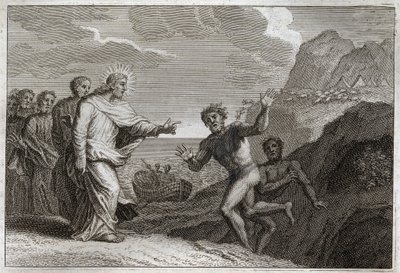 Royaumont Bible, New Testament: Jesus Christ healed a possessed man that the demon made furious. Illustration from 1811 by Unknown artist