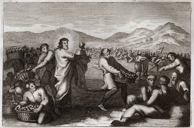 Royaumont Bible, New Testament: Propagation of loaves. Jesus Christ multiplies five loaves, and feeds five thousand men. Illustration from 1811. by Unknown artist