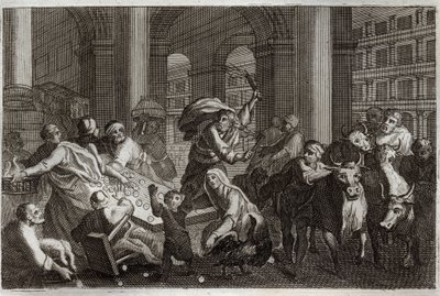 Royaumont Bible, New Testament: Sellers Hunt from the Temple. Jesus Christ drives away from the Temple those who profaned him by the traffic they were doing there. Illustration from 1811 by Unknown artist