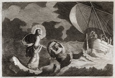 Royaumont Bible, New Testament: St. Peter walks on water. Jesus Christ walks on the sea, and makes Saint Peter walk there. Illustration from 1811 by Unknown artist