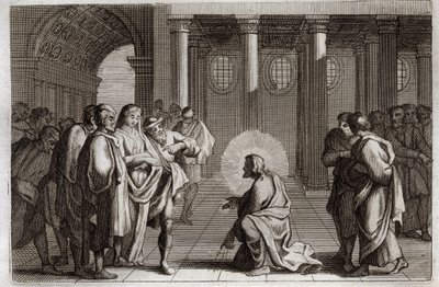 Royaumont Bible, New Testament: The Adulterous Woman. Jesus Christ is divinely deluding himself from the traps which the Jews laid upon him, asking him what should be done of a woman caught in adultery, saying, 