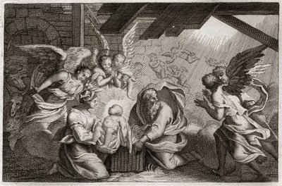 Royaumont Bible, New Testament: The Nativity. Jesus Christ was born from the Blessed Virgin Mary in a stable in Bethlehem. Illustration from 1811 by Unknown artist