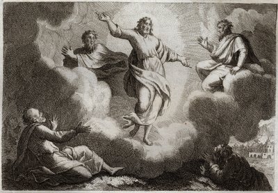 Royaumont Bible, New Testament: The Transfiguration of Jesus Christ. Christ surrounds Moses and Elijah with below the apostle Saint John, Peter and James. Illustration from 1811. by Unknown artist