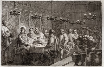Royaumont Bible, New Testament: The Wedding of Cana. First Miracle of Jesus Christ Changing Water into Wine. Illustration from 1811 by Unknown artist