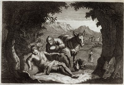 Royaumont Bible, New Testament: The parable of the Good Samaritan. The Samaritan stopped on his way to rescue the man in distress. Illustration from 1811. by Unknown artist