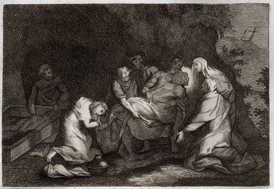 Royaumont Bible, New Testament: Tomb. Sepulchre of Jesus Christ. Among the characters surrounding the body of Jesus Christ: the Virgin Mary, Saint Nicodemus, Saint Joseph of Arimathea, Saint John the Evangelist, and Saint Mary Magdalene. Illustration from  by Unknown artist