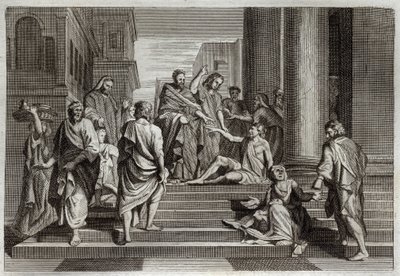 Royaumont Bible, New Testament: War of the lame. Saint Peter, accompanied by Saint John, miraculously warried a lame man in Jerusalem. Illustration from 1811 by Unknown artist