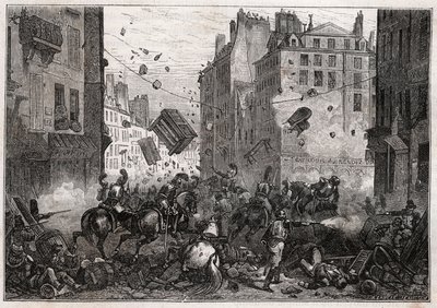Rue Saint-Antoine during the Trois-Glorieuses (July 1830) - Revolution of 1830 Barricade fighting on Rue Saint-Antoine in 1830 by Unknown artist