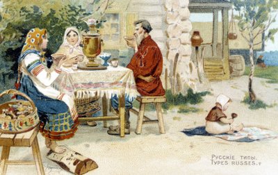 Russian family drinking tea around a samovar - chromo by Unknown artist