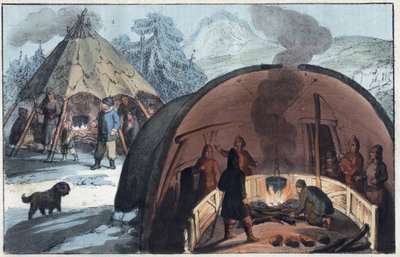 Saami Family in a Tent in Lapland - Interior of a Laplander Hut with a Family Around the Fire - Engraving from 