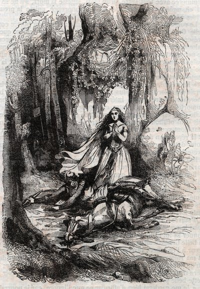 Sacripant unhorsed in the presence of Angelica - engraving of 1851 from 
