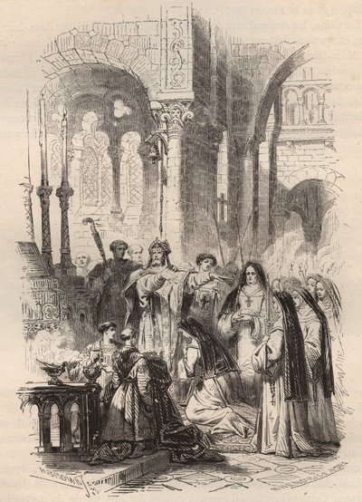 Sailing of Saint Cunegonde of Luxembourg in 1024, handed over by the bishop of Paderborn Meinwerk in the Benedictine Abbey of Kaufungen in Germany. Engraving from 1868 in 
