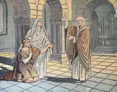 Saint Augustine of Hippo and his mother Sainte Monique facing Saint Ambrose in Milan, 387, Illustration from 