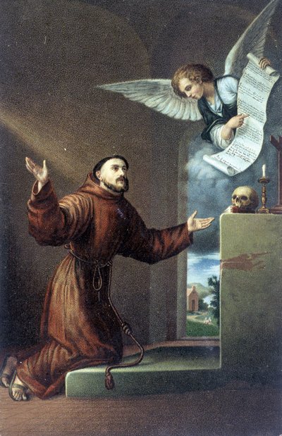 Saint Francis of Assisi (1181 or 1182 - 1226) before an Angel, 19th century chromolithography by Unknown artist