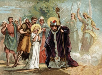 Saint Germain gave a medal to Sainte Genevieve (422-502), patron saint of Paris. Chromolithography around 1890 by Unknown artist
