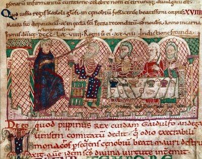 Saint Maur founder of the monastery of Flanfeuil in Anjou is received at the table of Gaidulfe of Ravenna, persecutor of the monks and punishes him. Miniature from 