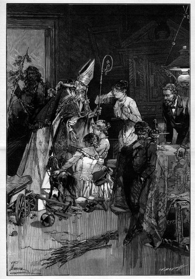 Saint Nicholas festival in Lorraine that brings toys to children. He is accompanied by compere the Devil who brings him yards. Engraving in 