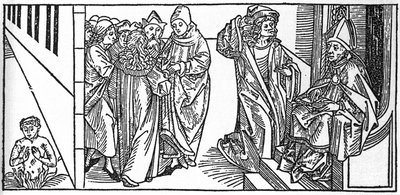 Saint Severin. Engraving from “Leben der Heiligen - sommerteil” (The book of the saint) by Jacobus (James) of Voragine (1228-1298). Lubeck 1488. by Unknown artist