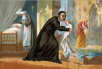 Saint Vincent de Paul (1576-1660), renowned for his charity, creator of the hospital for found children. Chromolithography of the 19th century by Unknown artist