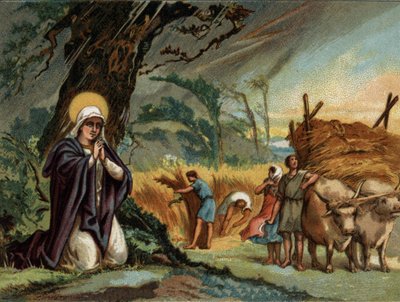 Sainte Genevieve (422-502), patron saint of Paris preserves the harvests from the storm in Meaux. Chromolithography around 1890 by Unknown artist