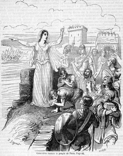 Sainte Geneviève, organises the defense of Paris against the hordes of Attila and reassures the people of Paris - in Histoire de France by Anquetil by Unknown artist