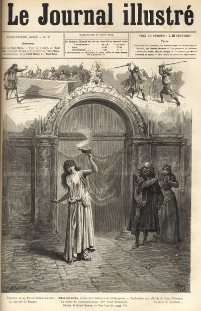 Sarah Bernhardt: Lady Macbeth in Macbeth, drama by Shakespeare, adapted by Jean Richepin - Theatre de la porte Saint-Martin - engraving in Le journal illustré of 1884 by Unknown artist