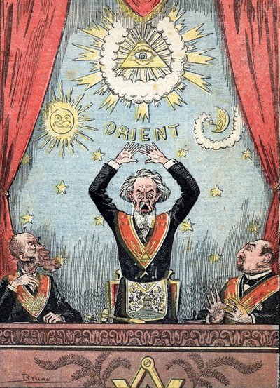 Satirical representation of a lodge of Freemasons, the Grand master surrounded by Masonic symbols, Caricature from 