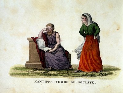 Domestic scene between Socrates and his wife Xantippe (Xanthippe) - engraving by Unknown artist